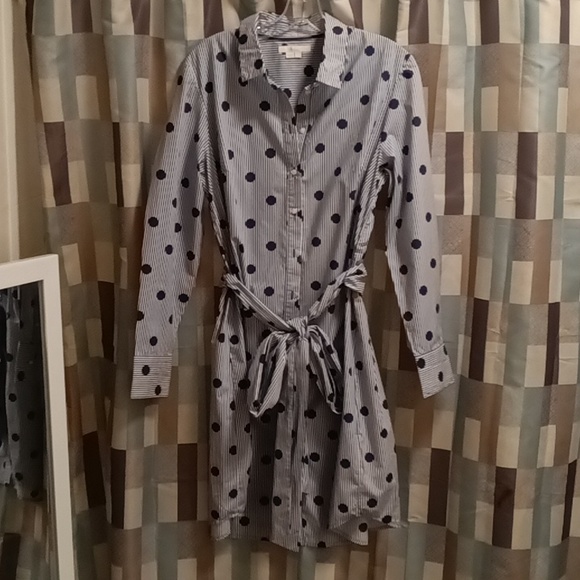 FINAL PRICE NWOT Boden blue/white striped shirt dress/navy polka dots/sash belt - Picture 3 of 15
